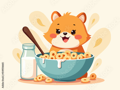  Breakfast time t shirt design, Cereal cartoon bowl with milk character 