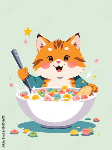  Breakfast time t shirt design, Cereal cartoon bowl with milk character 