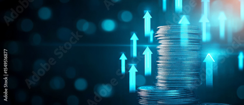 Stacks of coins with blue upward arrows symbolizing financial growth and investment success on a blurred dark background.