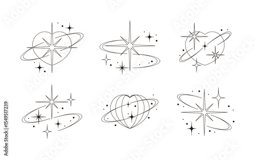 An illustration featuring hearts and star shaped, orbits and cosmic dots. A minimalist tattoo style design, perfect for stickers, logos and dreamy artwork.