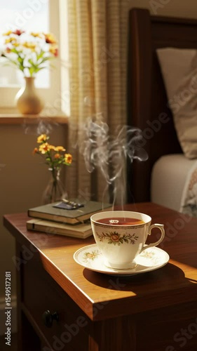 Cozy Morning Ritual: A steaming cup of tea, elegantly presented on a floral saucer, sits atop a wooden nightstand alongside a collection of books, all bathed in the warm.