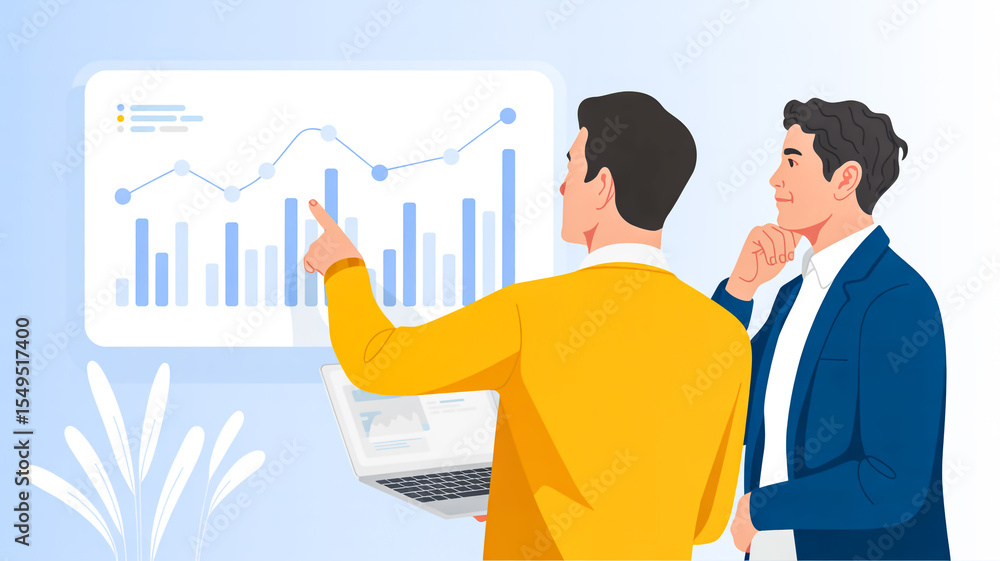A minimalist illustration of two business professionals reviewing a large data visualization screen A minimalist illustration of two business professionals reviewing a large data visualization screen