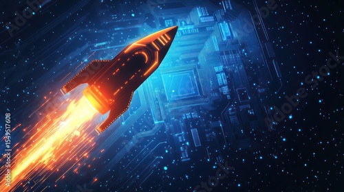 Futuristic rocket launching from circuit board