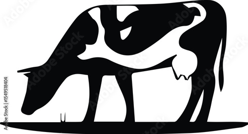 Black and white cow grazing isolated on transparent background