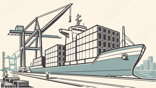 Container Ship at Port with Cranes and Workers.