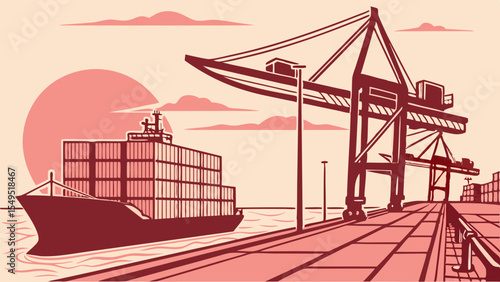 Container Ship Docking at Sunset Port Crane Operation.