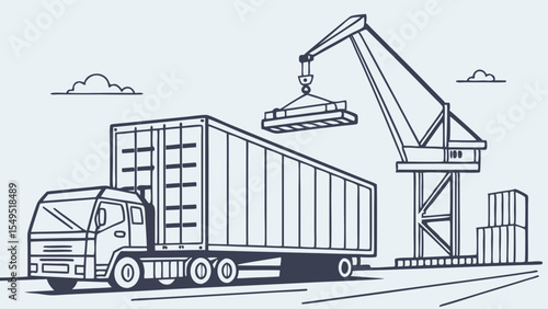 Container Truck Loading at Port with Crane.