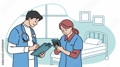 Doctor and Nurse Discussing Patient Records in Hospital Room.