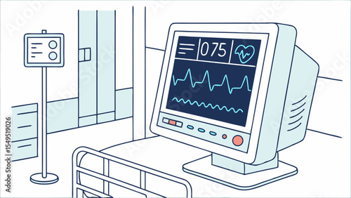 Hospital Room with Medical Monitor Displaying Heart Rate.