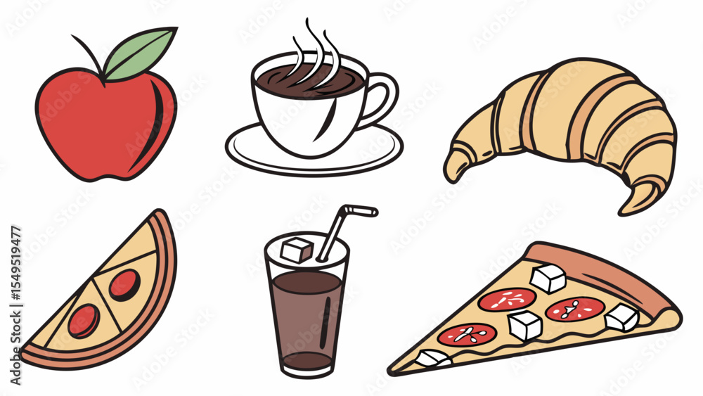 Assortment of Illustrated Food Items Including Apple Coffee Pizza. Assortment of Illustrated Food Items Including Apple Coffee Pizza.
