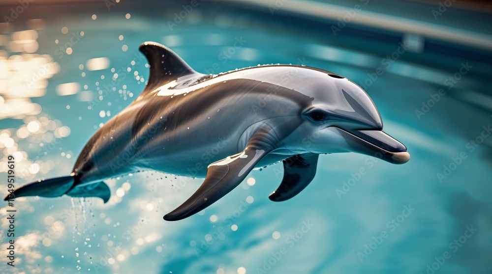 Fototapeta premium Dolphin leaps gracefully above water in indoor pool during training session in marine facility