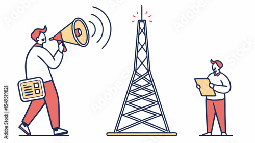 Broadcasting Announcement Man with Megaphone Communication Tower and Listener.