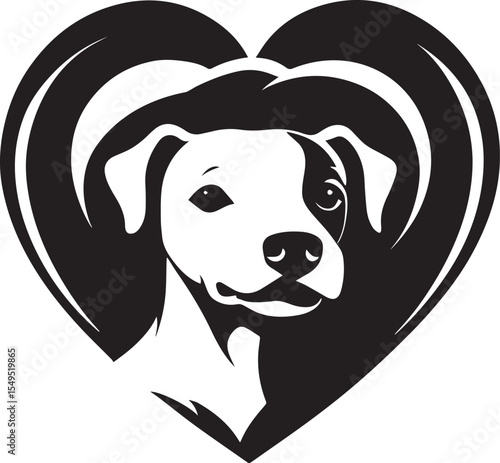 Dog in heart shape silhouette. Black and white vector illustration of a dog’s face framed within a stylized heart, symbolizing love for pets, loyalty