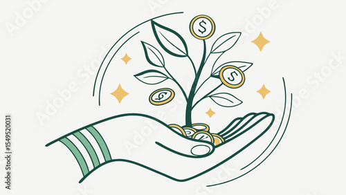 Hand Holding Money Tree with Coins and Leaves Illustration.