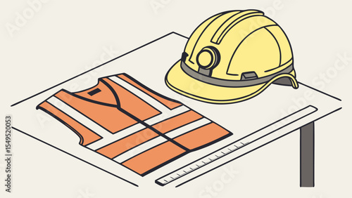 Safety Vest and Hard Hat on Drafting Table.