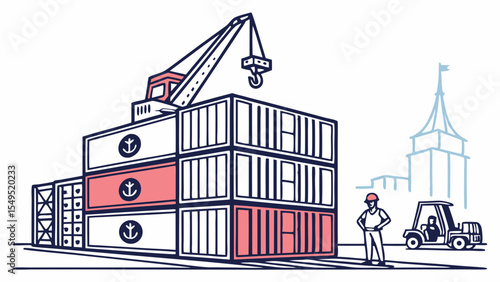 Stacked Shipping Containers with Crane and Worker.