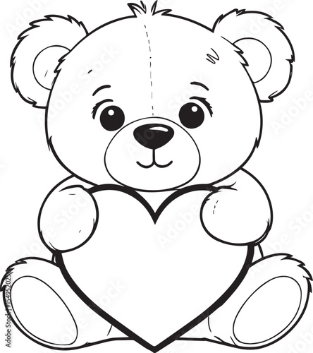 Cute teddy bear holding a heart. Black and white cartoon illustration of an adorable bear sitting with a big heart shape, perfect for Valentine's Day