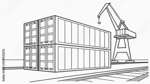 Stacked Shipping Containers with Crane Outline Illustration.