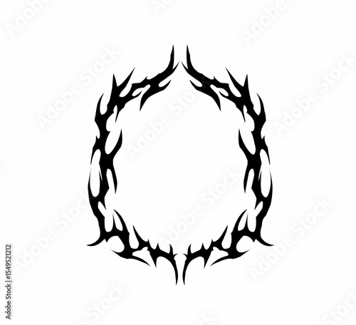 Tribal circle with sharp flames for tattoos, stickers, or vector art. Symmetrical black shape on a clean white background