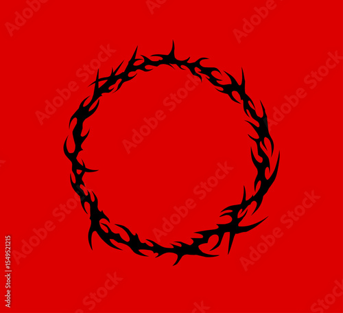 Tribal circle with sharp flames for graphics, posters, or visual identity. Bold black design on a striking red background