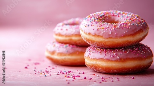 Wallpaper Mural Stacked pink frosted donuts with sprinkles on a pink surface Torontodigital.ca
