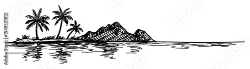tropical island with palm trees – monochrome outline vector illustration