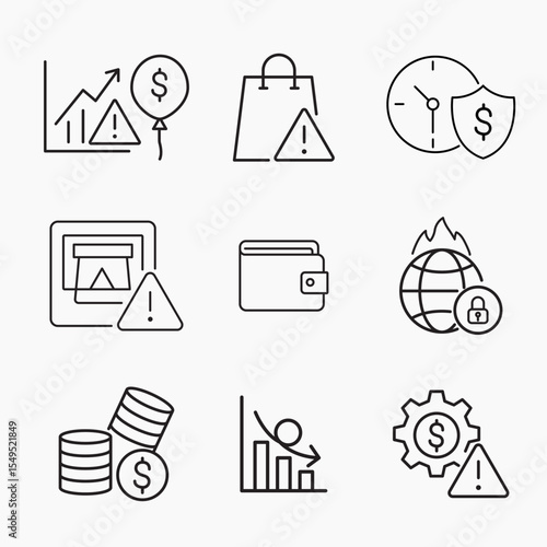 Minimal outline icons representing economic risk, inflation and global financial crisis concepts, Perfect for finance, business and global economy content