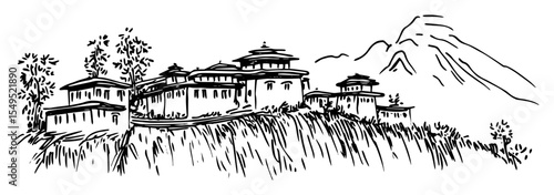 himalayan monastery on mountain slope – outline vector illustration