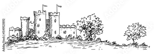 historic castle landscape – monochrome outline vector of european fortress