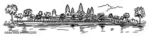 angkor wat temple in cambodia – monochrome outline vector illustration