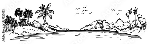 tropical river and forest – monochrome outline vector of exotic landscape