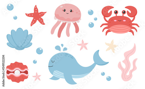 Photography cartoon marine life collection with whale jellyfish crab seaweed and bubbles