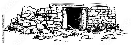 ancient stone tomb entrance – monochrome outline vector illustration