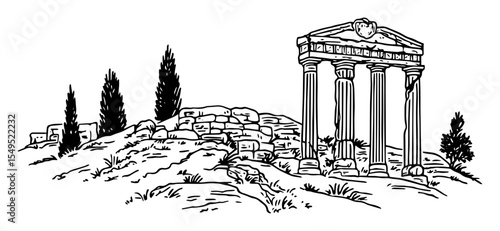 ancient greek temple ruins – monochrome outline vector drawing