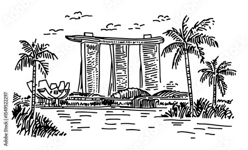 marina bay sands singapore – black and white outline vector of modern skyline