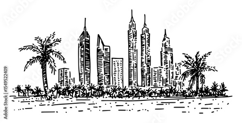 dubai skyline with palm trees – monochrome outline cityscape illustration