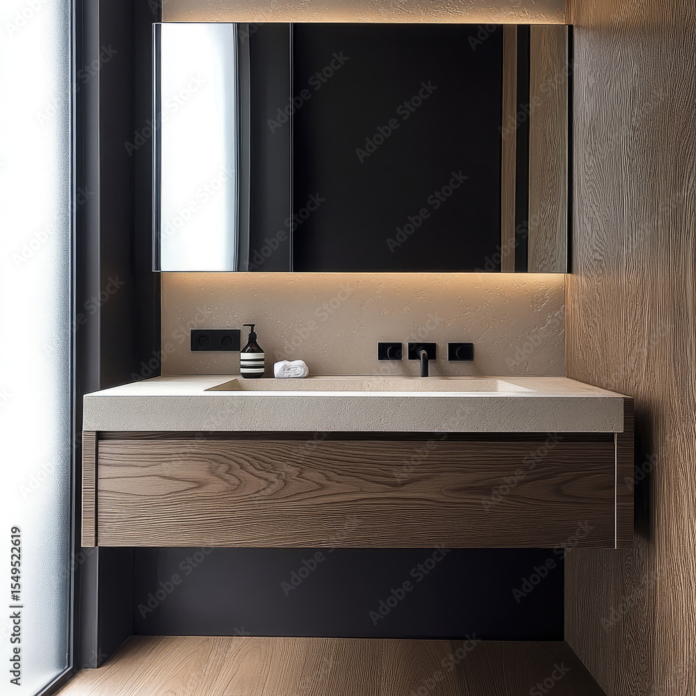 Modern bathroom design featuring sleek vanity with wooden finish, minimalist sink, and large mirror. warm lighting creates cozy , perfect for relaxation Modern bathroom design featuring sleek vanity with wooden finish, minimalist sink, and large mirror. warm lighting creates cozy , perfect for relaxation