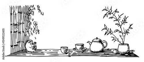asian tea ceremony still life – monochrome outline vector illustration