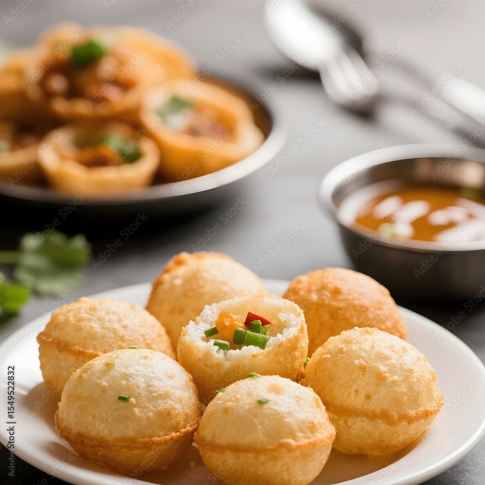 Fototapeta premium 4k high quality Ai generative HD art photo realistic store business menu sell snack street food Indian pani puri fried dough crisp water balls mixture potatoes chickpeas spiced masala onion