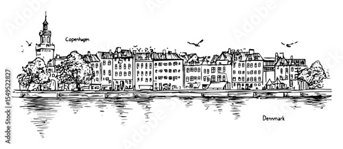 copenhagen cityscape by the lake – black and white outline vector