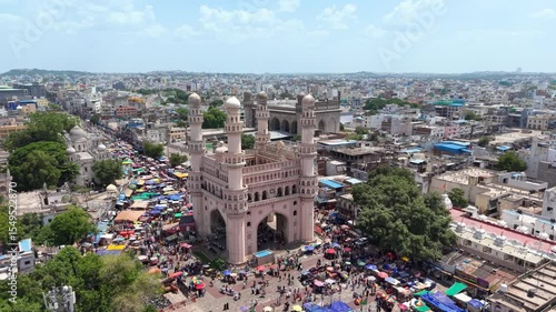 Hyderabad, India: Aerial view of Charminar, iconic monument and symbol of capital and largest city of Indian state of Telangana - landscape panorama of South Asia from above
