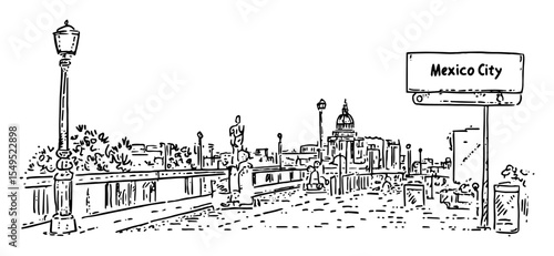 mexico city street scene with bridge – monochrome outline vector