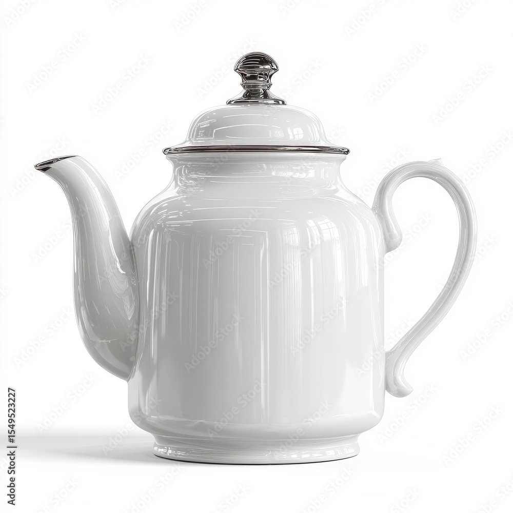 Fototapeta premium White tea kettle with a silver lid sits on a white background. mochup-3D-isolate-background