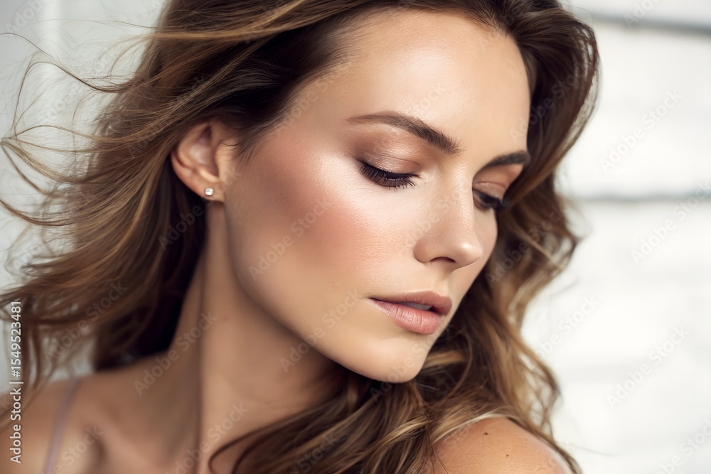 Fototapeta premium Serene Beauty: A close-up of a beautiful woman, radiating serenity with softly closed eyes, perfect skin, and flowing hair, embodying natural grace and poise.