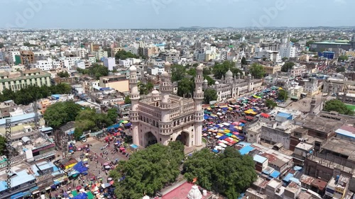 Hyderabad, India: Aerial view of Charminar, iconic monument and symbol of capital and largest city of Indian state of Telangana - landscape panorama of South Asia from above
