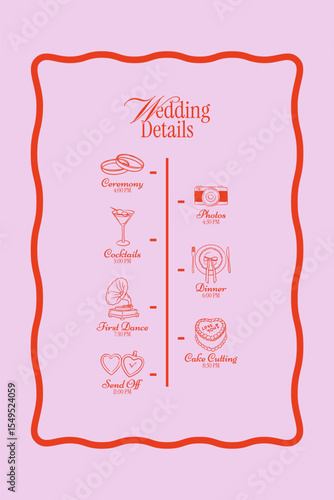 Elegant wedding timeline with pastel icons of rings, photo, cocktail, dinner, dance, cake. Linear doodle illustration for signage, ceremony plan, invitations, printed materials.