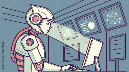Futuristic Robot Working at Computer Terminal.