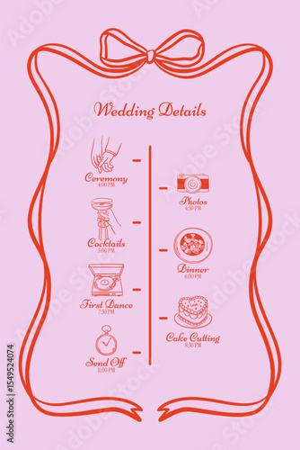 Whimsical wedding timeline with ribbon frame, pastel icons for ceremony and party. Cute hand drawn doodle line art style for welcome signs, planning boards, printed programs.