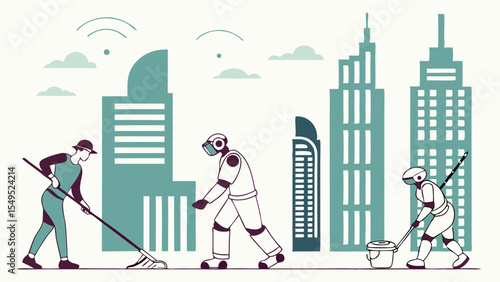 Futuristic City Cleaning Human and Robot Sanitation Workers.