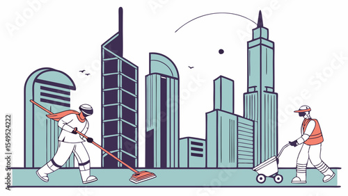 City Cleaners Maintaining Urban Environment with Buildings in Background.